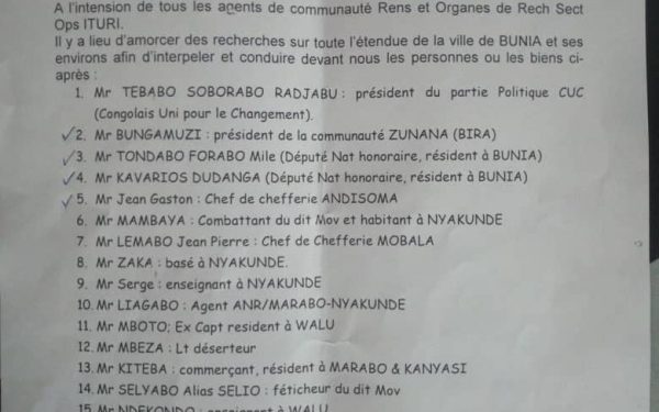 Bunia : Des interpellations en 2 jours, parmi eux 4 membres de la communauté Bira dont le président du parti CUC et 2 députés nationaux honoraires.