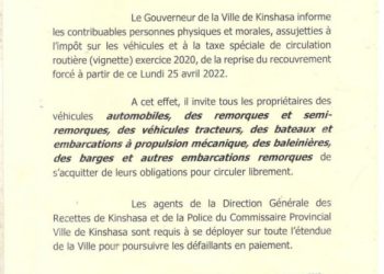Kinshasa : le recouvrement forcé des vignettes exercice 2020 démarre ce 25 avril (communiqué)