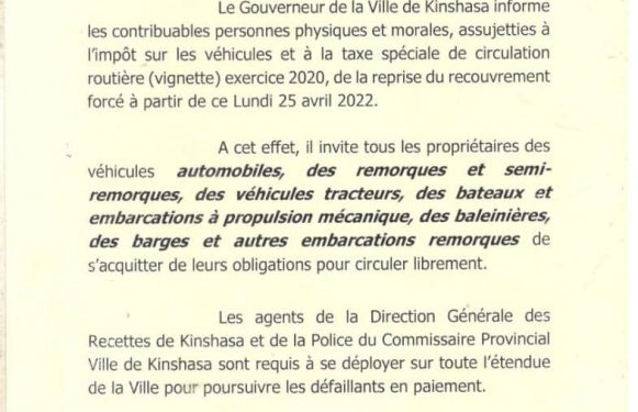 Kinshasa : le recouvrement forcé des vignettes exercice 2020 démarre ce 25 avril (communiqué)